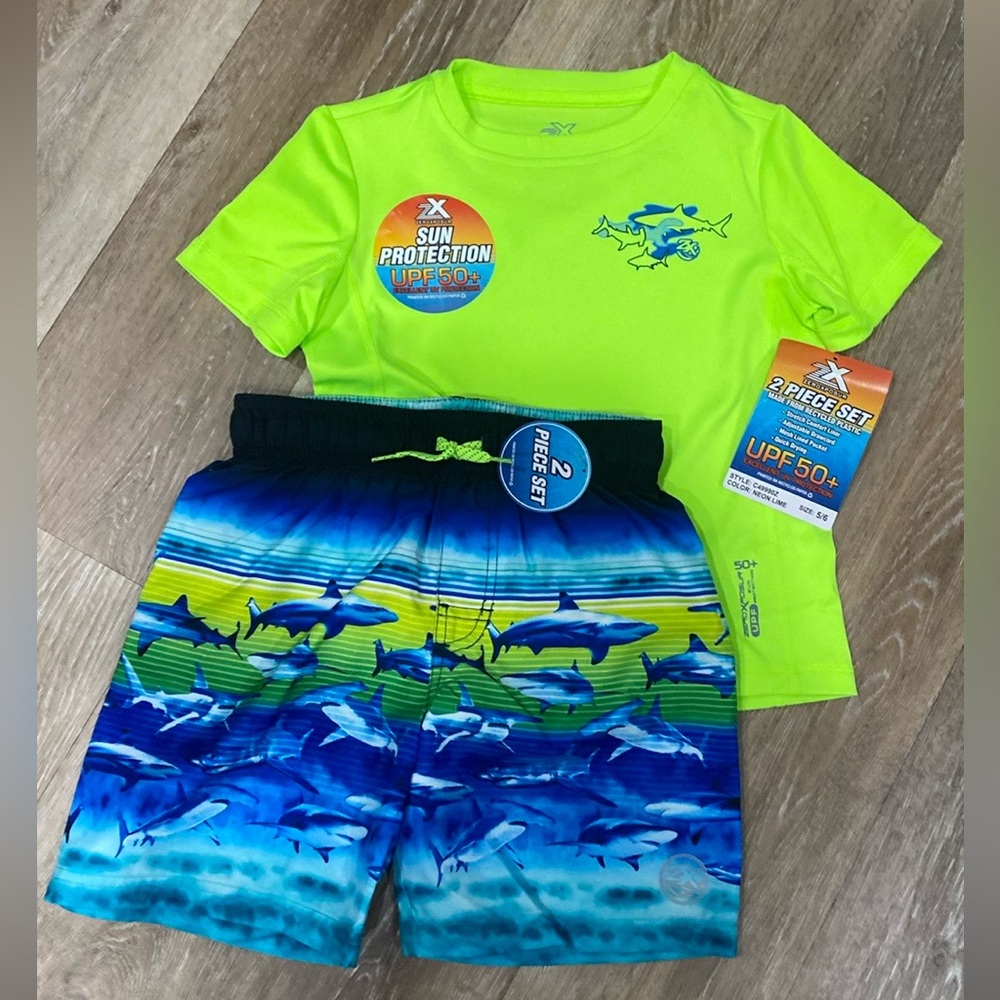 NEW ZeroXposur boys 2pc swim shirt with trunks SPF 50, green/blue, sizes 4, 5/6